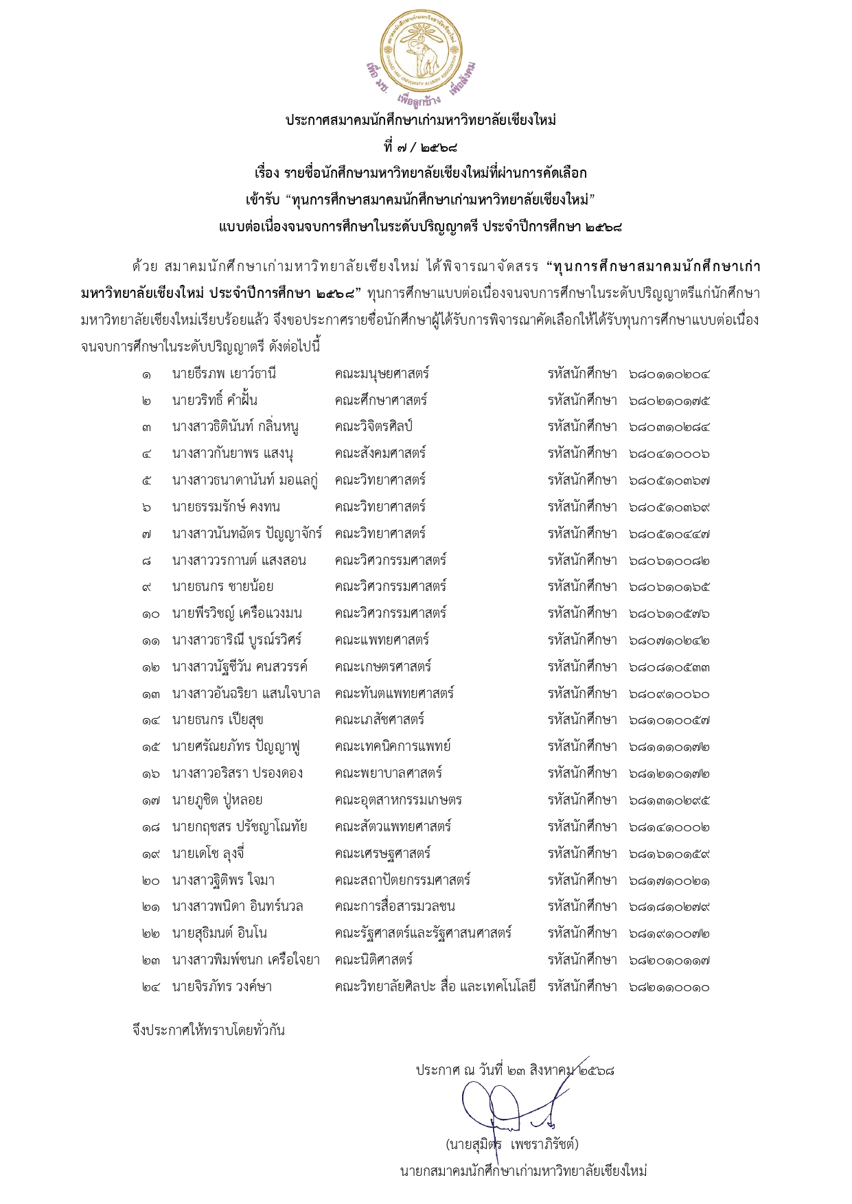 ประกาศ รายชื่อนักศึกษาที่ได้ผ่านการคัดเลือกเข้ารับทุนการศึกษาสมาคมนักศึกษาเก่า มช ปีการศึกษา 2568